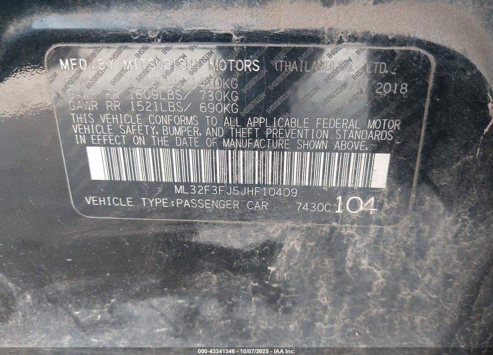 2018 MITSUBISHI MIRAGE G4 ES VIN: ML32F3FJ5JHF10409