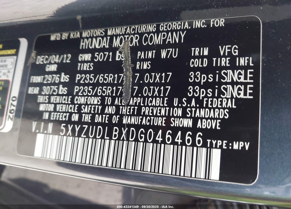2013 HYUNDAI SANTA FE SPORT VIN: 5XYZUDLBXDG046466