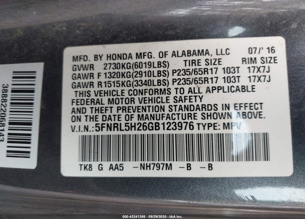 2016 HONDA ODYSSEY LX VIN: 5FNRL5H26GB123976