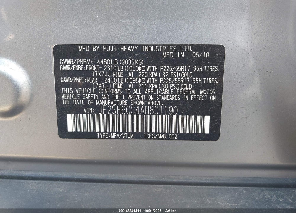 2010 SUBARU FORESTER VIN: JF2SH6CC4AH801190