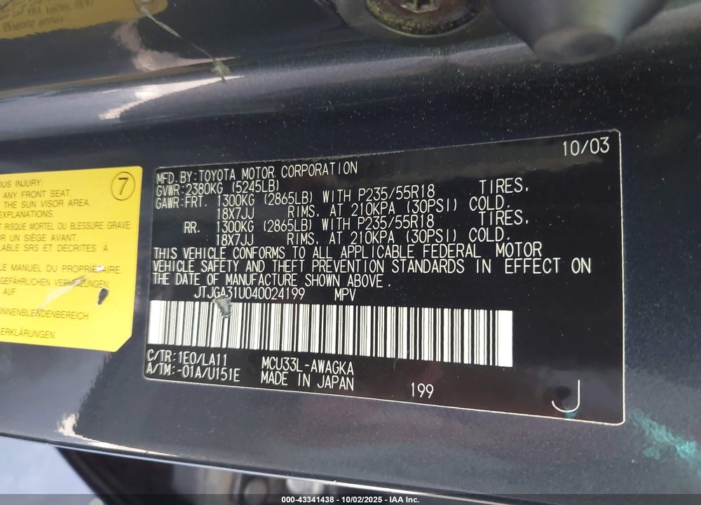 2004 LEXUS RX 330 VIN: JTJGA31U040024199