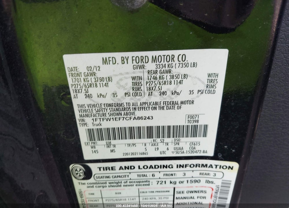 2012 FORD F-150 XLT VIN: 1FTFW1EF7CFA86243