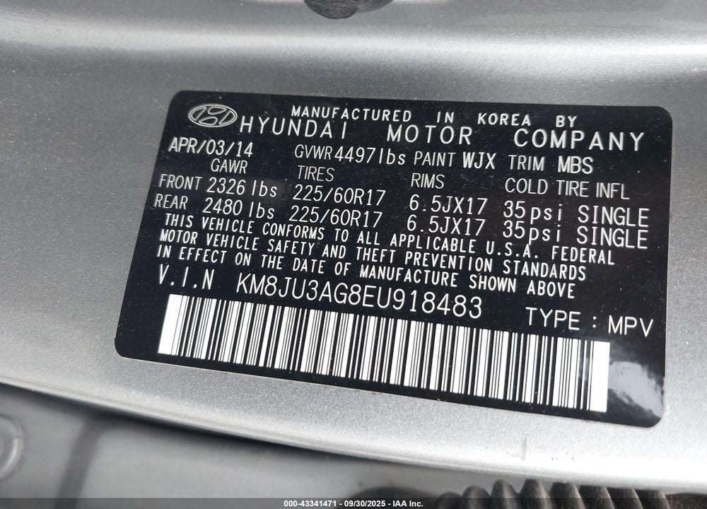 2014 HYUNDAI TUCSON VIN: KM8JU3AG8EU918483