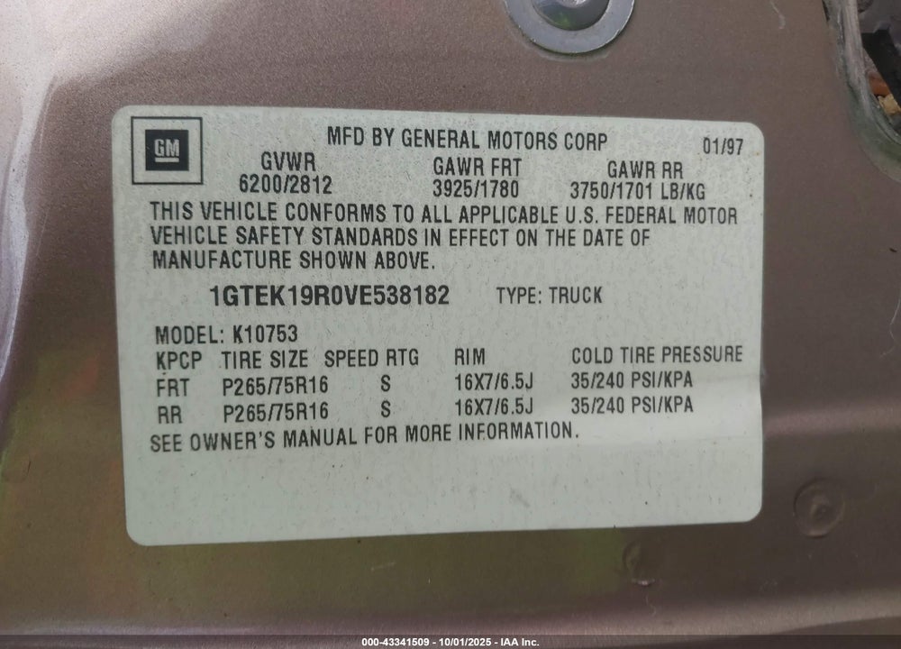 1997 GMC SIERRA 1500 VIN: 1GTEK19R0VE538182