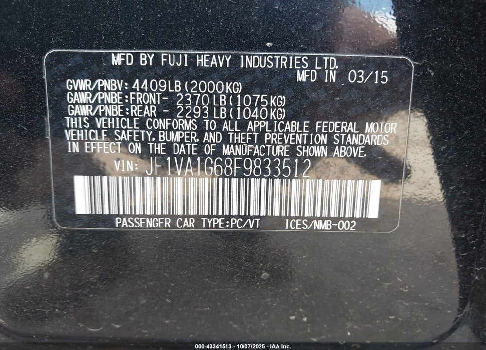 2015 SUBARU WRX VIN: JF1VA1G68F9833512