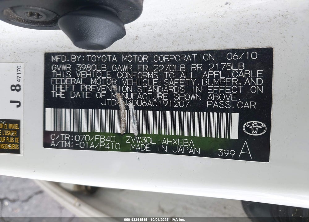 2010 TOYOTA PRIUS VIN: JTDKN3DU6A0191207