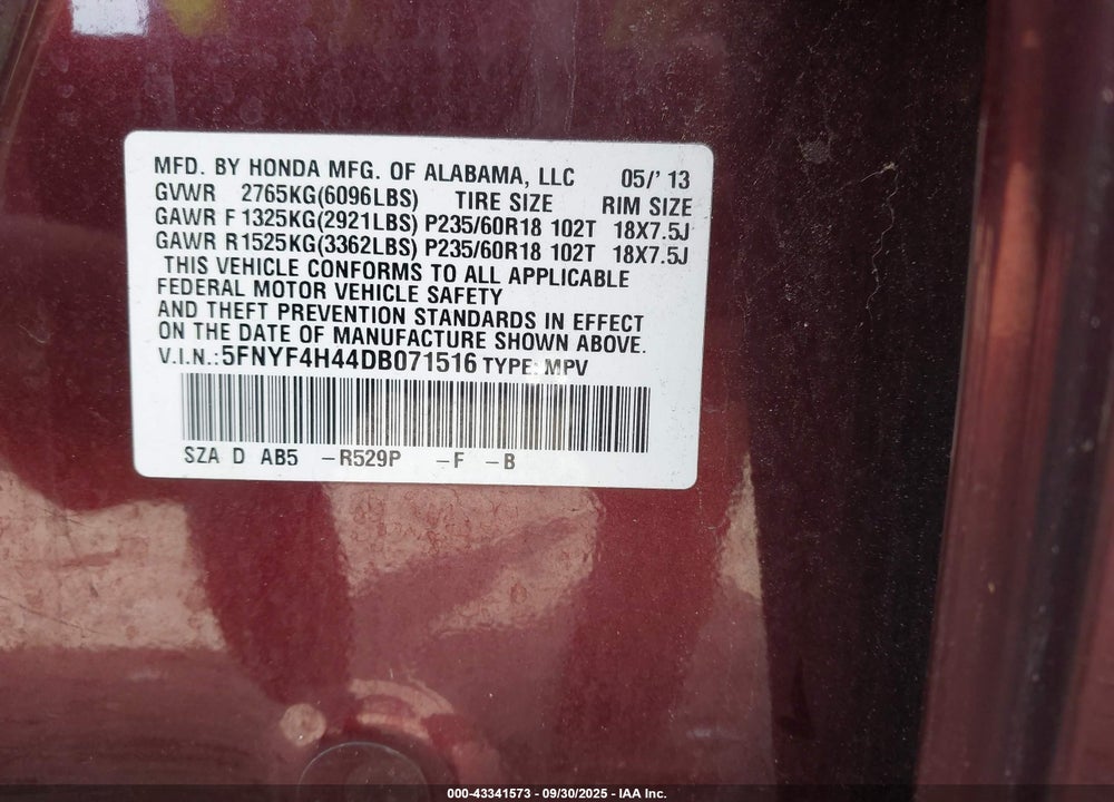 2013 HONDA PILOT VIN: 5FNYF4H44DB071516