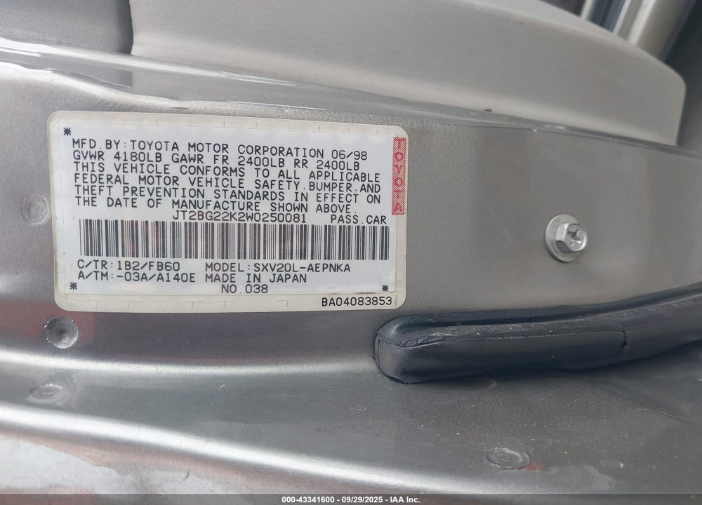 1998 TOYOTA CAMRY LE VIN: JT2BG22K2W0250081