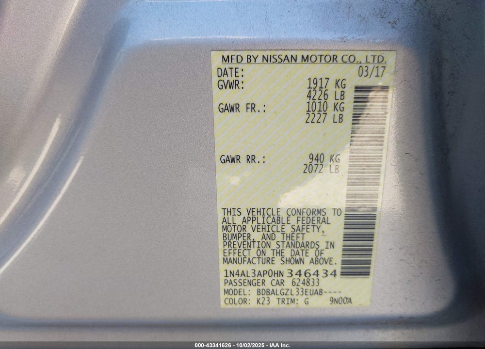 2017 NISSAN ALTIMA VIN: 1N4AL3AP0HN346434
