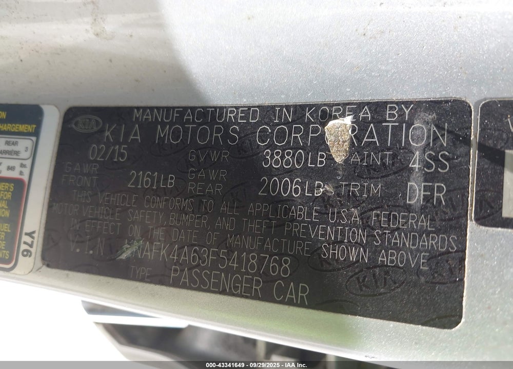 2015 KIA FORTE LX VIN: KNAFK4A63F5418768