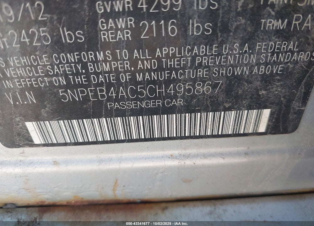 2012 HYUNDAI SONATA VIN: 5NPEB4AC5CH495867