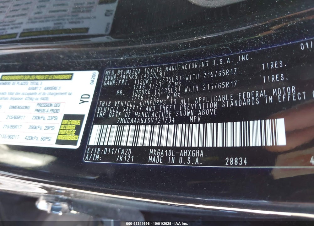 2025 TOYOTA COROLLA CROSS VIN: 7MUCAAAGXSV121734