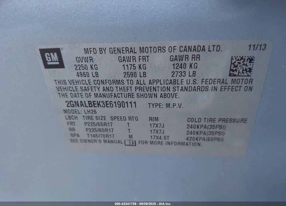 2014 CHEVROLET EQUINOX VIN: 2GNALBEK3E6190111