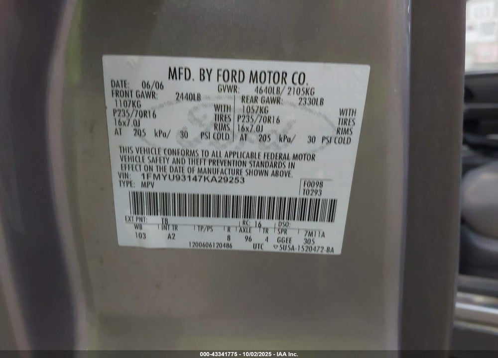 2007 FORD ESCAPE XLT VIN: 1FMYU93147KA29253
