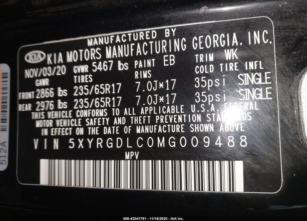 2021 KIA SORENTO LX VIN: 5XYRGDLC0MG009488