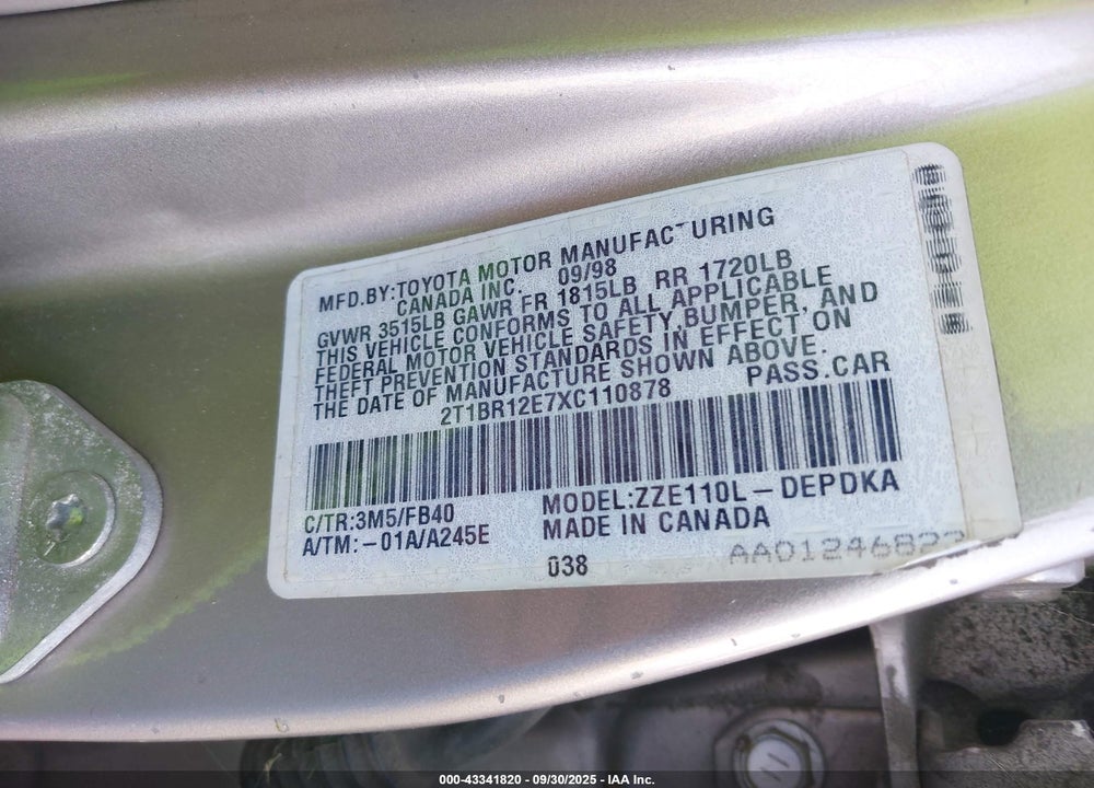 1999 TOYOTA COROLLA CE VIN: 2T1BR12E7XC110878