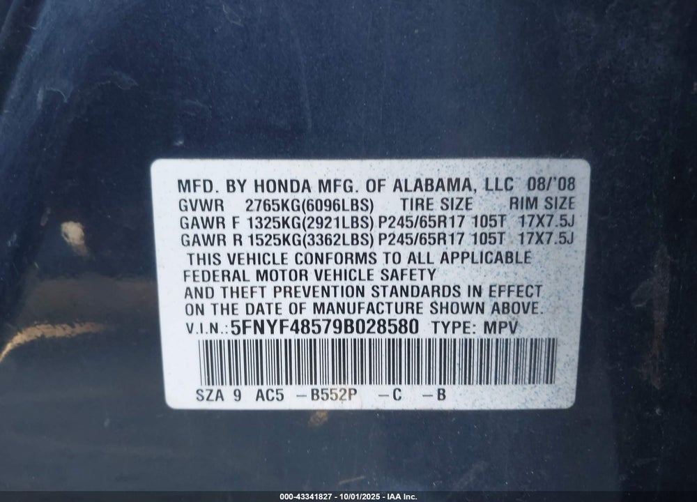 2009 HONDA PILOT VIN: 5FNYF48579B028580