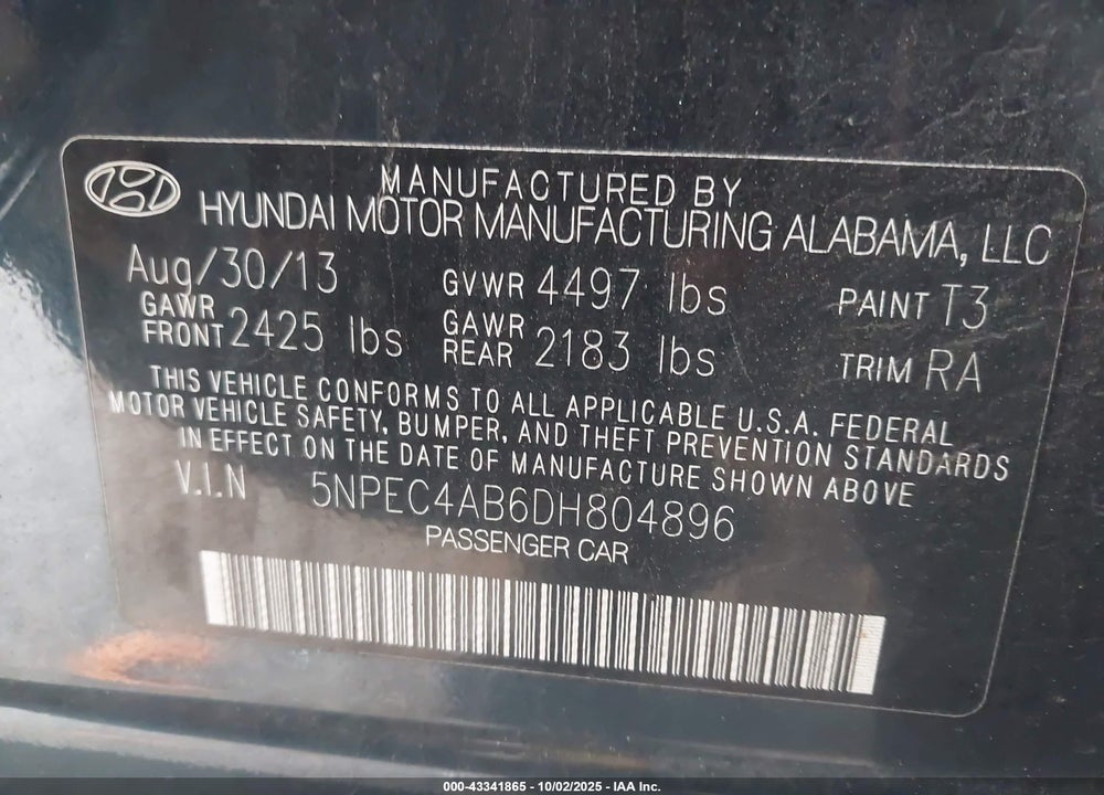 2013 HYUNDAI SONATA VIN: 5NPEC4AB6DH804896