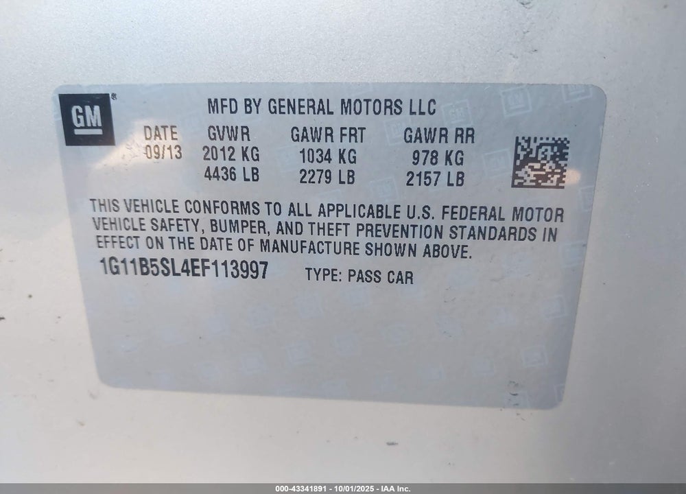 2014 CHEVROLET MALIBU 1LS VIN: 1G11B5SL4EF113997