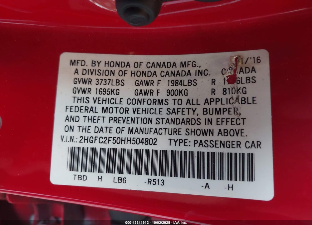 2017 HONDA CIVIC VIN: 2HGFC2F50HH504802