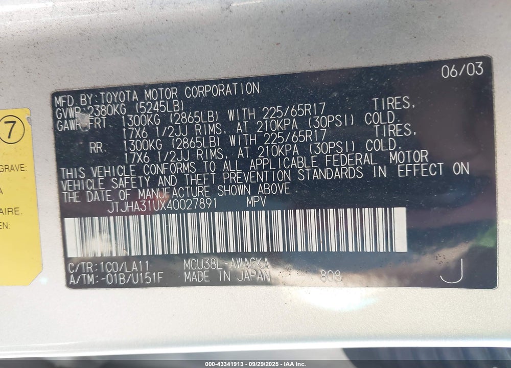 2004 LEXUS RX 330 VIN: JTJHA31UX40027891