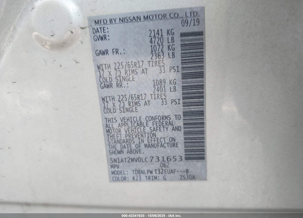 2020 NISSAN ROGUE S INTELLIGENT AWD VIN: 5N1AT2MV0LC731653