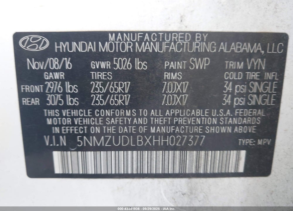 2017 HYUNDAI SANTA FE SPORT 2.4L VIN: 5NMZUDLBXHH027377