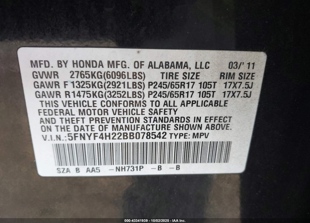 2011 HONDA PILOT LX VIN: 5FNYF4H22BB078542