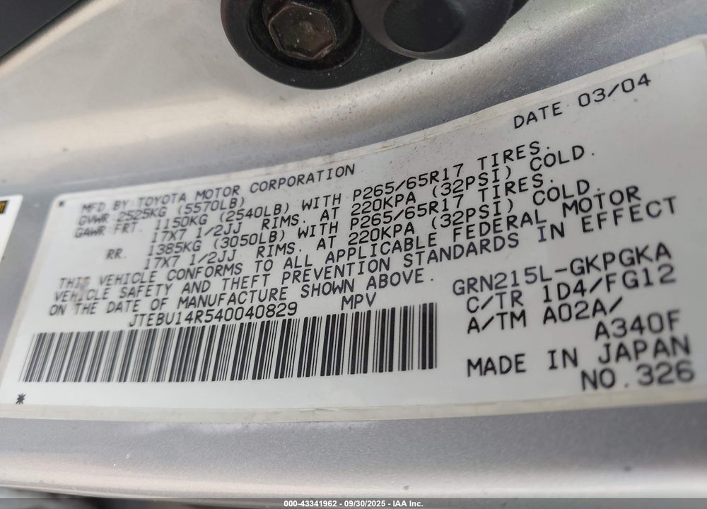 2004 TOYOTA 4RUNNER SR5 V6 VIN: JTEBU14R540040829