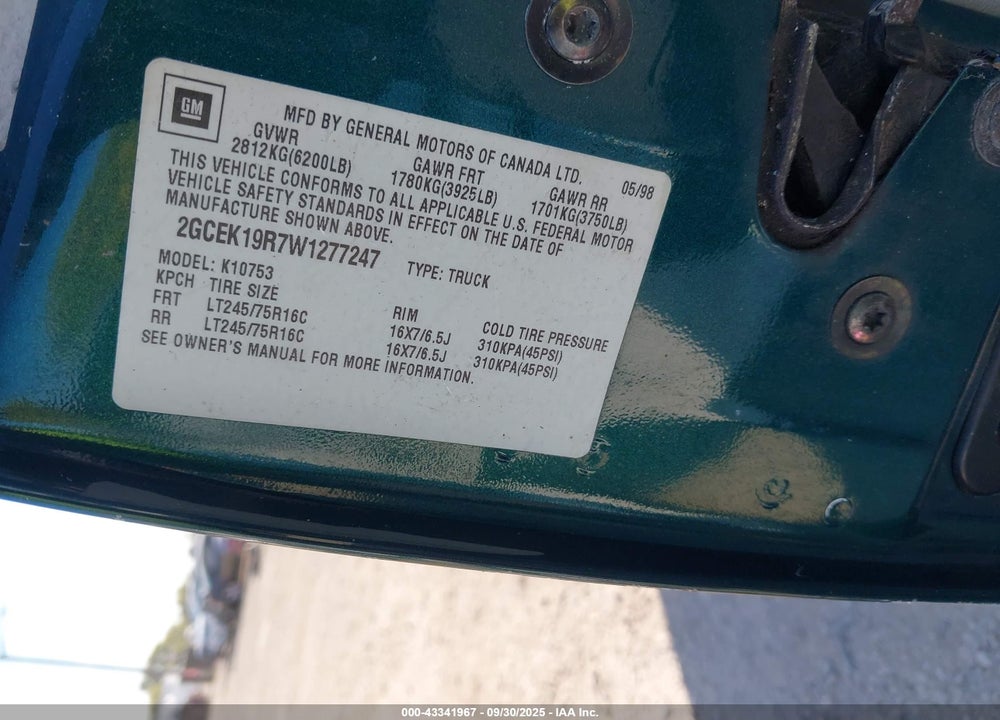 1998 CHEVROLET K1500 FLEETSIDE VIN: 2GCEK19R7W1277247