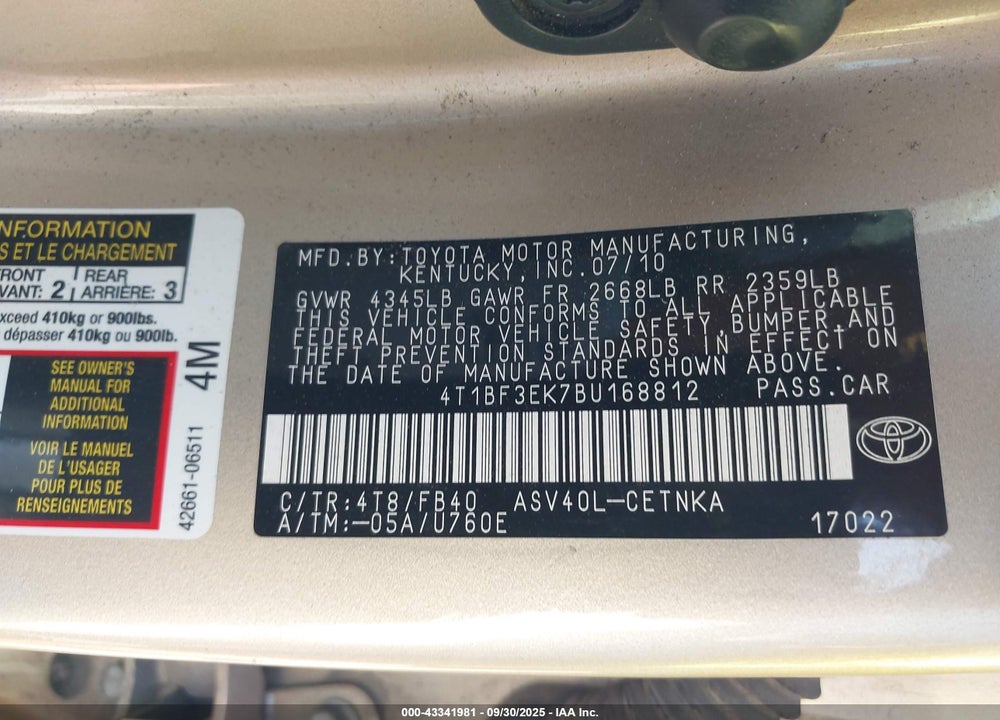 2011 TOYOTA CAMRY VIN: 4T1BF3EK7BU168812