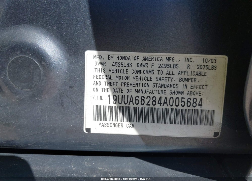 2004 ACURA TL VIN: 19UUA66284A005684