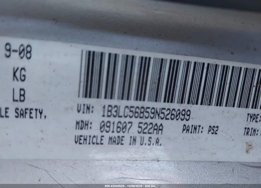 2009 DODGE AVENGER VIN: 1B3LC56B59N526099
