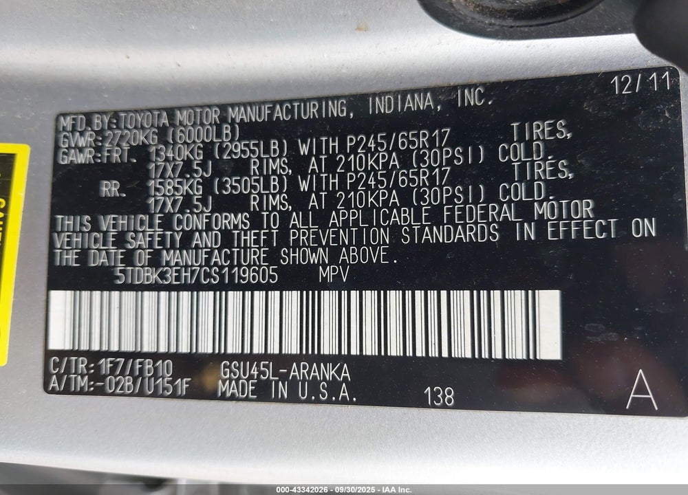 2012 TOYOTA HIGHLANDER BASE V6 VIN: 5TDBK3EH7CS119605