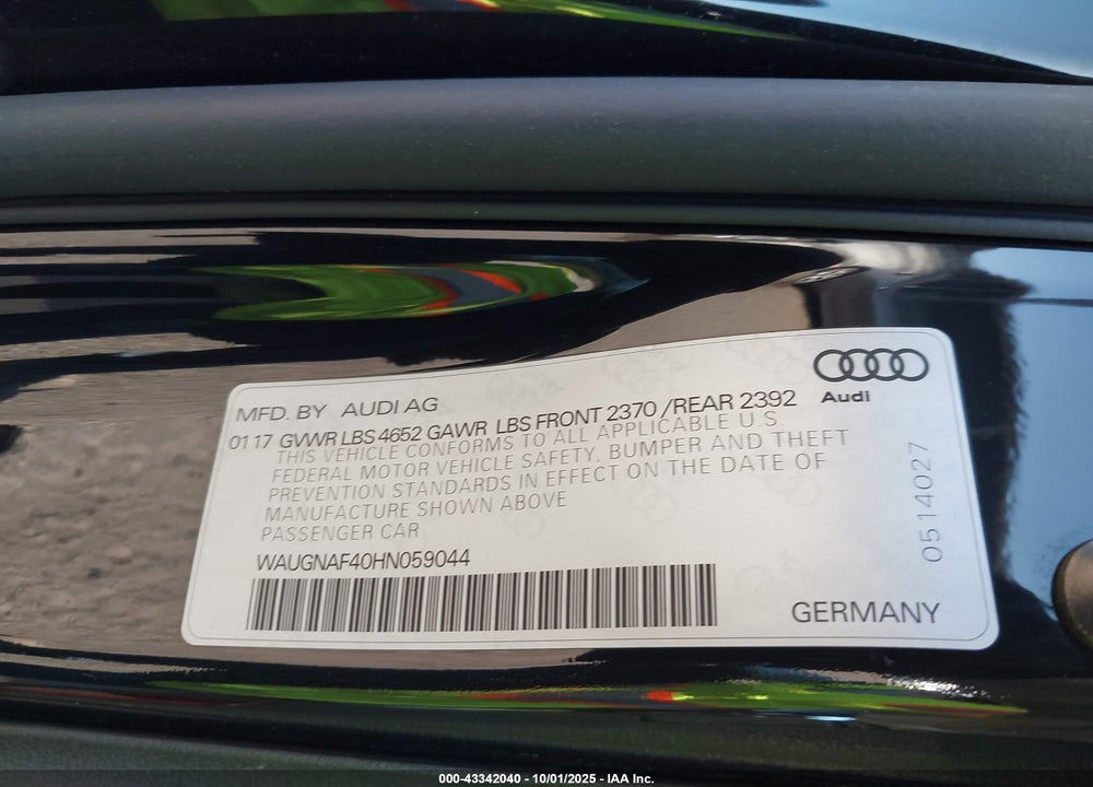 2017 AUDI A4 2.0T PREMIUM VIN: WAUGNAF40HN059044