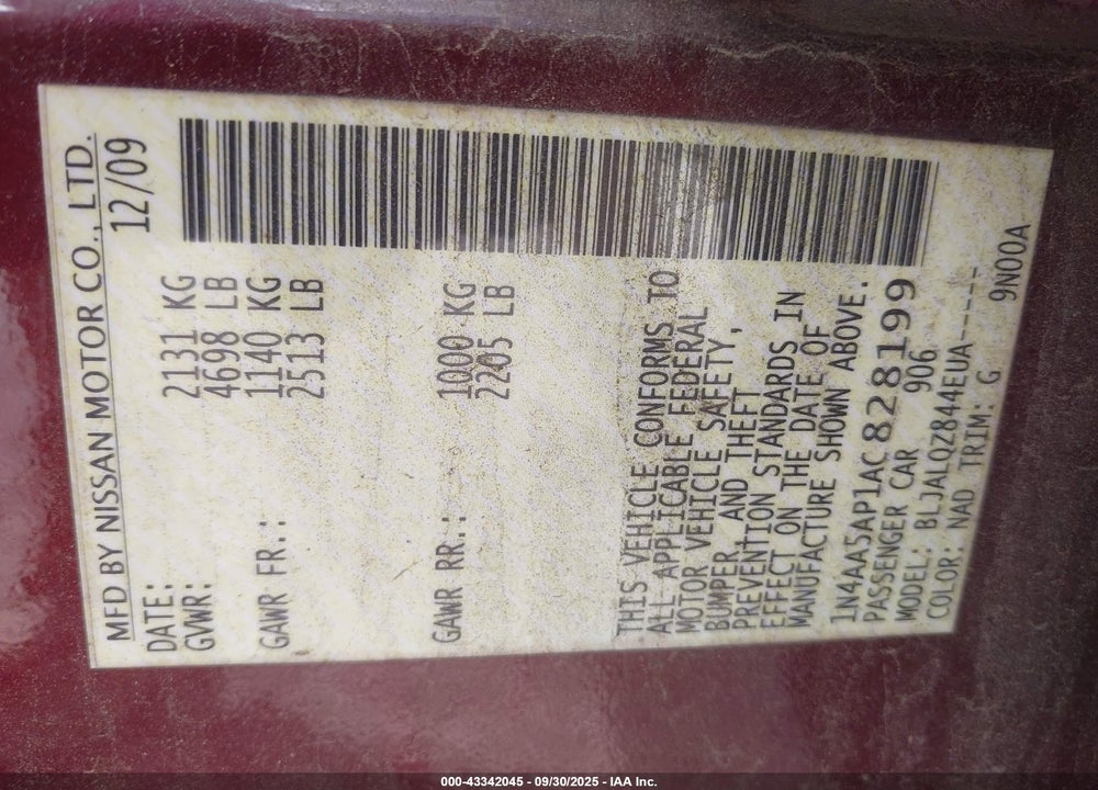 2010 NISSAN MAXIMA VIN: 1N4AA5AP1AC828199
