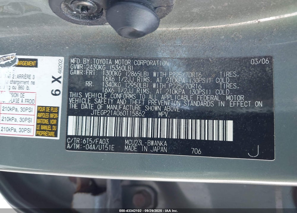 2006 TOYOTA HIGHLANDER V6 VIN: JTEGP21A060115862