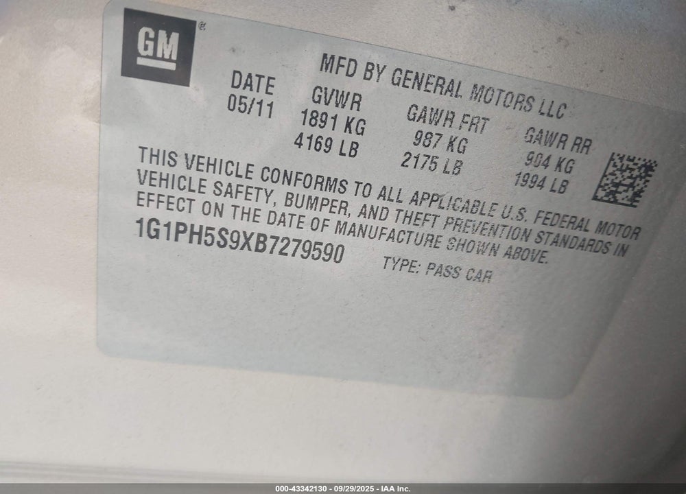 2011 CHEVROLET CRUZE VIN: 1G1PH5S9XB7279590