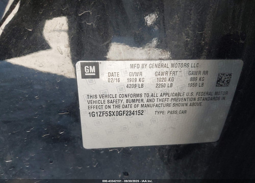 2016 CHEVROLET MALIBU VIN: 1G1ZF5SX0GF234152