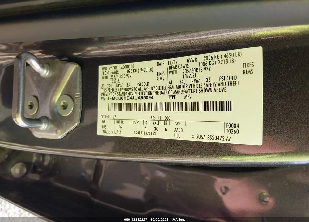 2018 FORD ESCAPE VIN: 1FMCU0HD4JUA95094