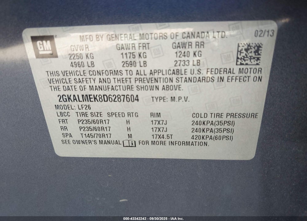 2013 GMC TERRAIN VIN: 2GKALMEK8D6287604