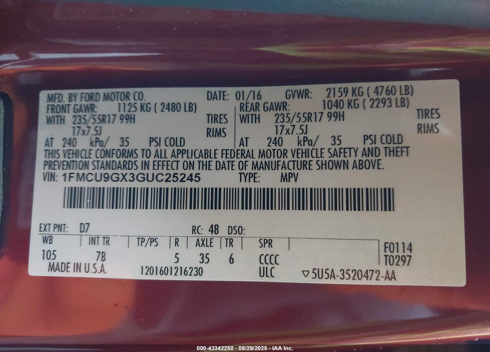 2016 FORD ESCAPE SE VIN: 1FMCU9GX3GUC25245