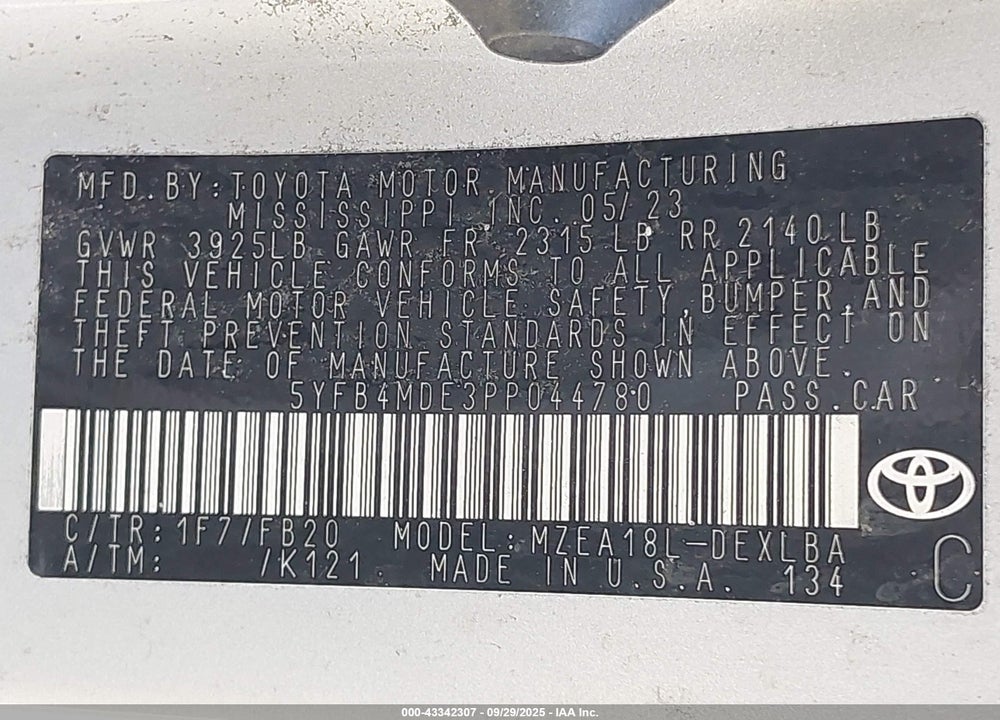 2023 TOYOTA COROLLA LE VIN: 5YFB4MDE3PP044780