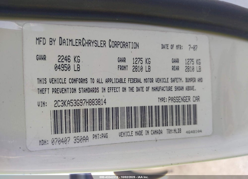 2007 CHRYSLER 300 VIN: 2C3KA53G97H883814