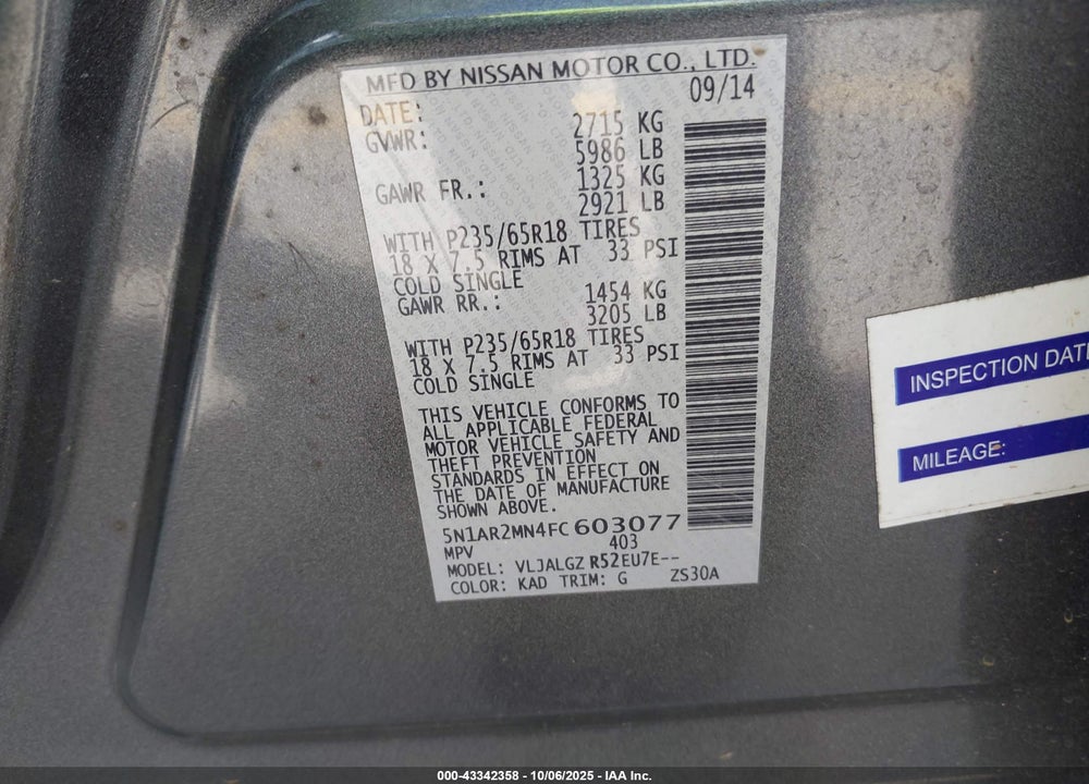 2015 NISSAN PATHFINDER VIN: 5N1AR2MN4FC603077