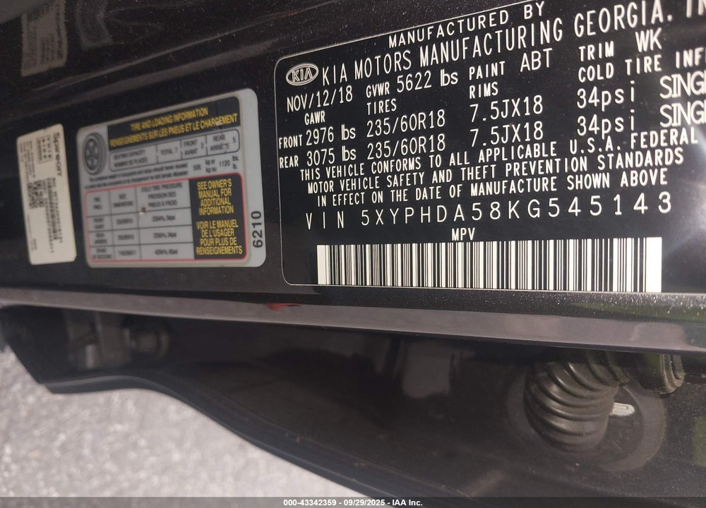 2019 KIA SORENTO 3.3L EX VIN: 5XYPHDA58KG545143