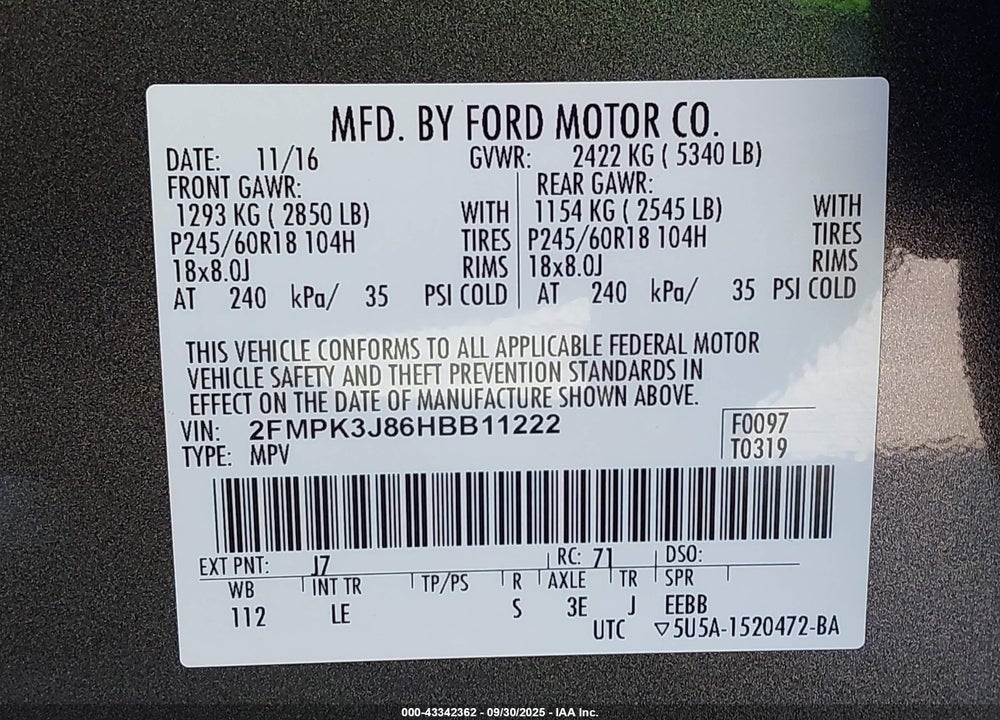 2017 FORD EDGE SEL VIN: 2FMPK3J86HBB11222