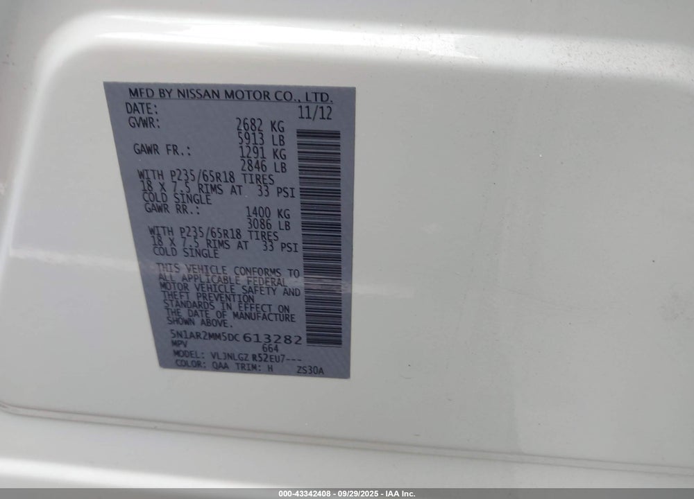 2013 NISSAN PATHFINDER VIN: 5N1AR2MM5DC613282