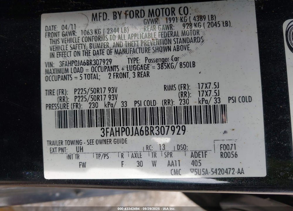2011 FORD FUSION SEL VIN: 3FAHP0JA6BR307929