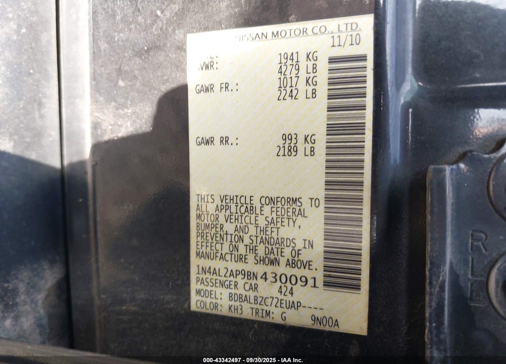 2011 NISSAN ALTIMA VIN: 1N4AL2AP9BN430091